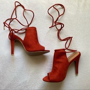 Red, lace up heels